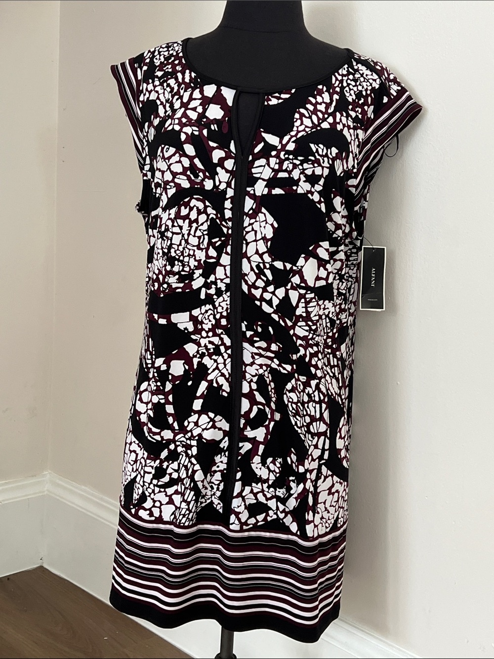 Alfani Black White and Burgundy Abstract Midi Dress
